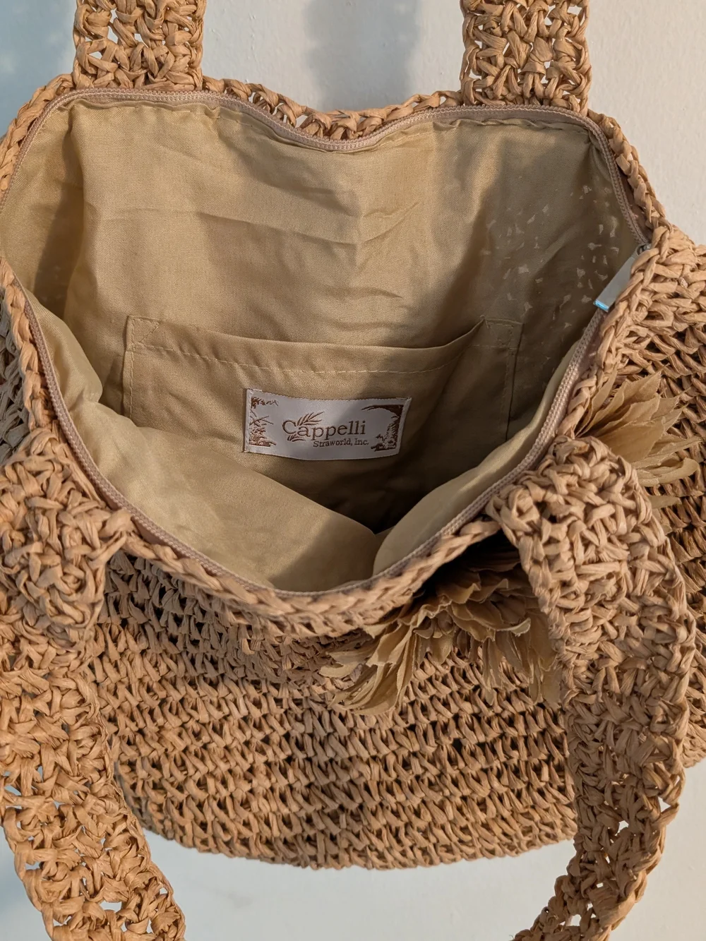 Cappelli Straworld Tan Woven Shoulder Bag with Floral Accent
